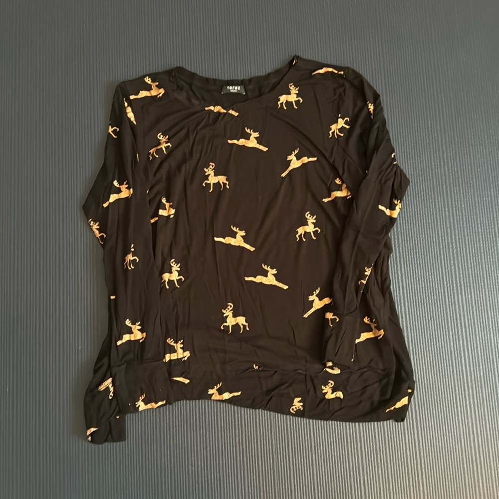 Terez flowy long sleeve tee— black with rose gold reindeer- medium